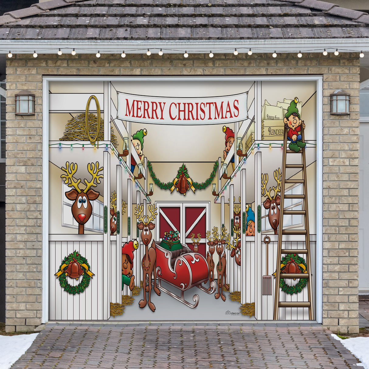 8' x 7' Cozy Reindeer Barn Christmas Garage Door Banner - Warm Festive Outdoor Décor