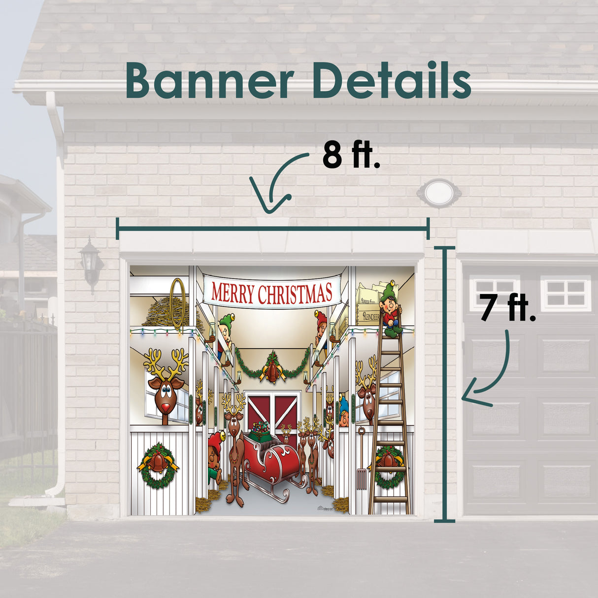 8' x 7' Cozy Reindeer Barn Christmas Garage Door Banner - Warm Festive Outdoor Décor