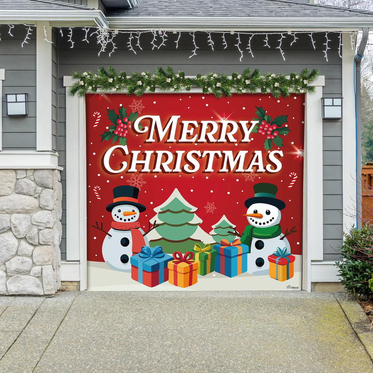 8' x 7' Red Snowman and Trees Garage Door Banner - Christmas Holiday Outdoor Decorations
