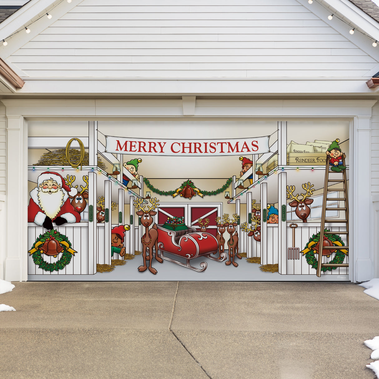 16' x 7' Heartwarming Santa’s Reindeer Barn Double Garage Door Banner - Festive Holiday Déco