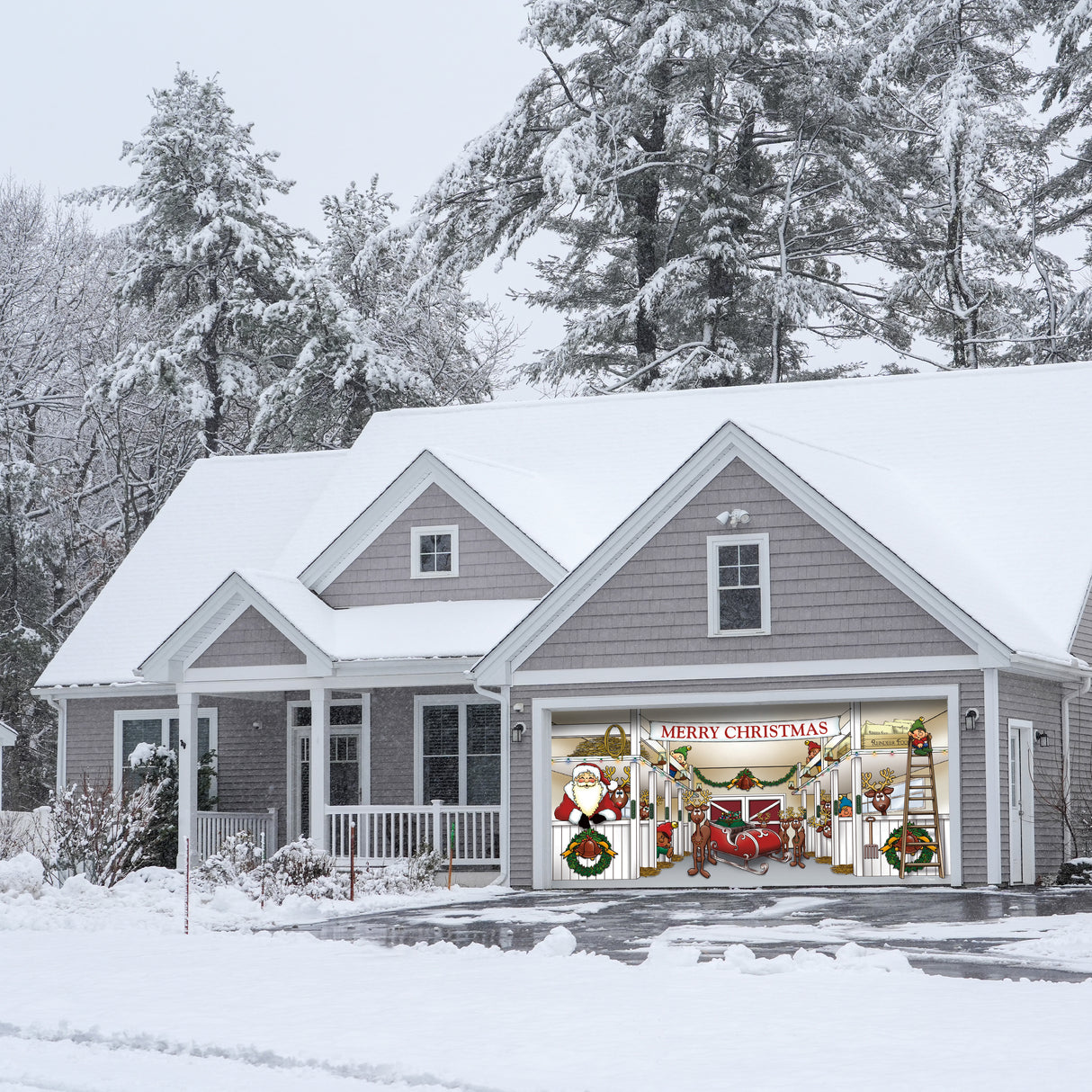 16' x 7' Heartwarming Santa’s Reindeer Barn Double Garage Door Banner - Festive Holiday Déco