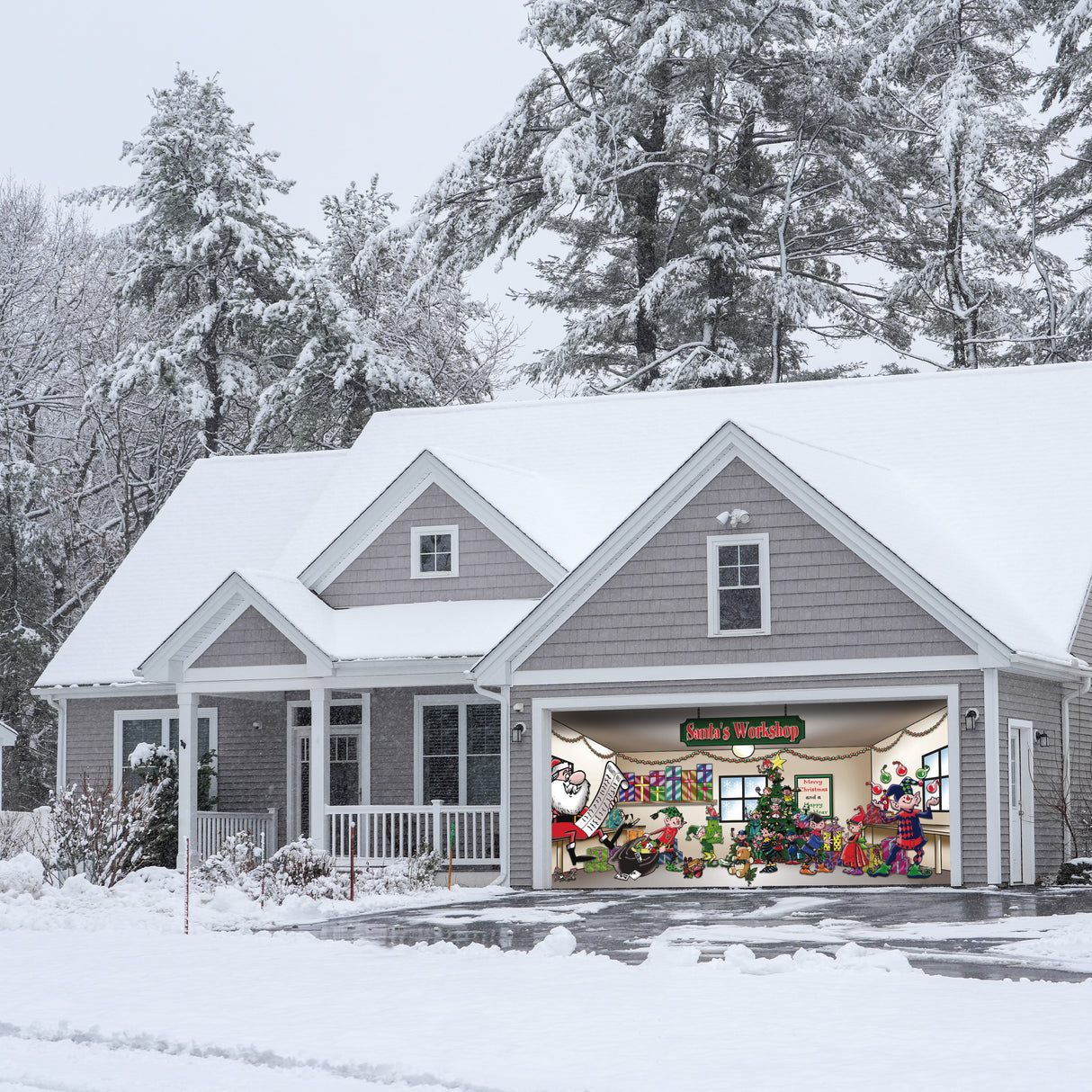16' x 7' Magical Santa’s Workshop Christmas Double Garage Door Banner - Festive Holiday Décor