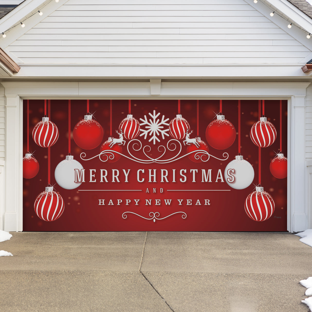 16' x 7' Timeless Red and White Ornaments Christmas Double Garage Door Banner - Elegant Holiday Décor