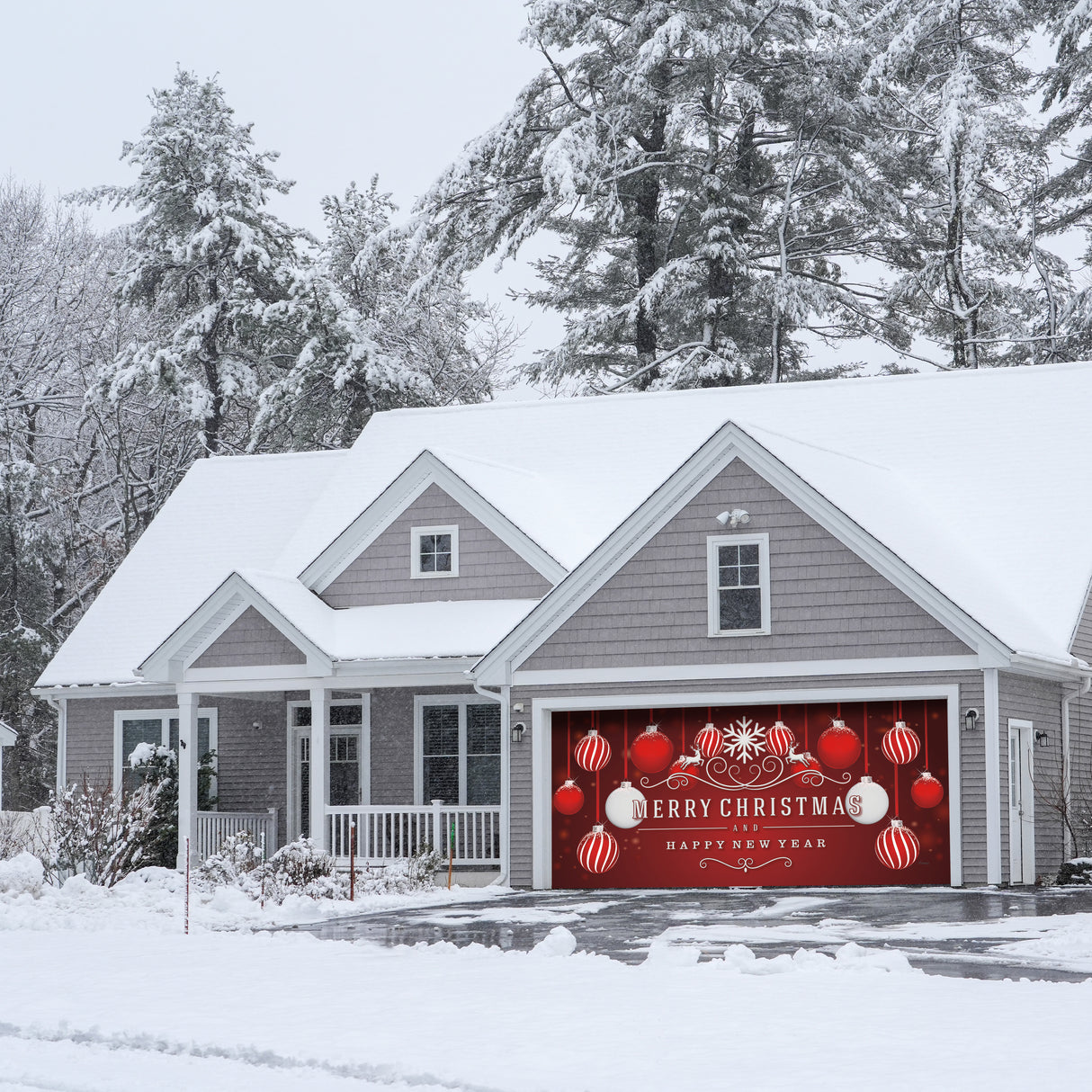 16' x 7' Timeless Red and White Ornaments Christmas Double Garage Door Banner - Elegant Holiday Décor