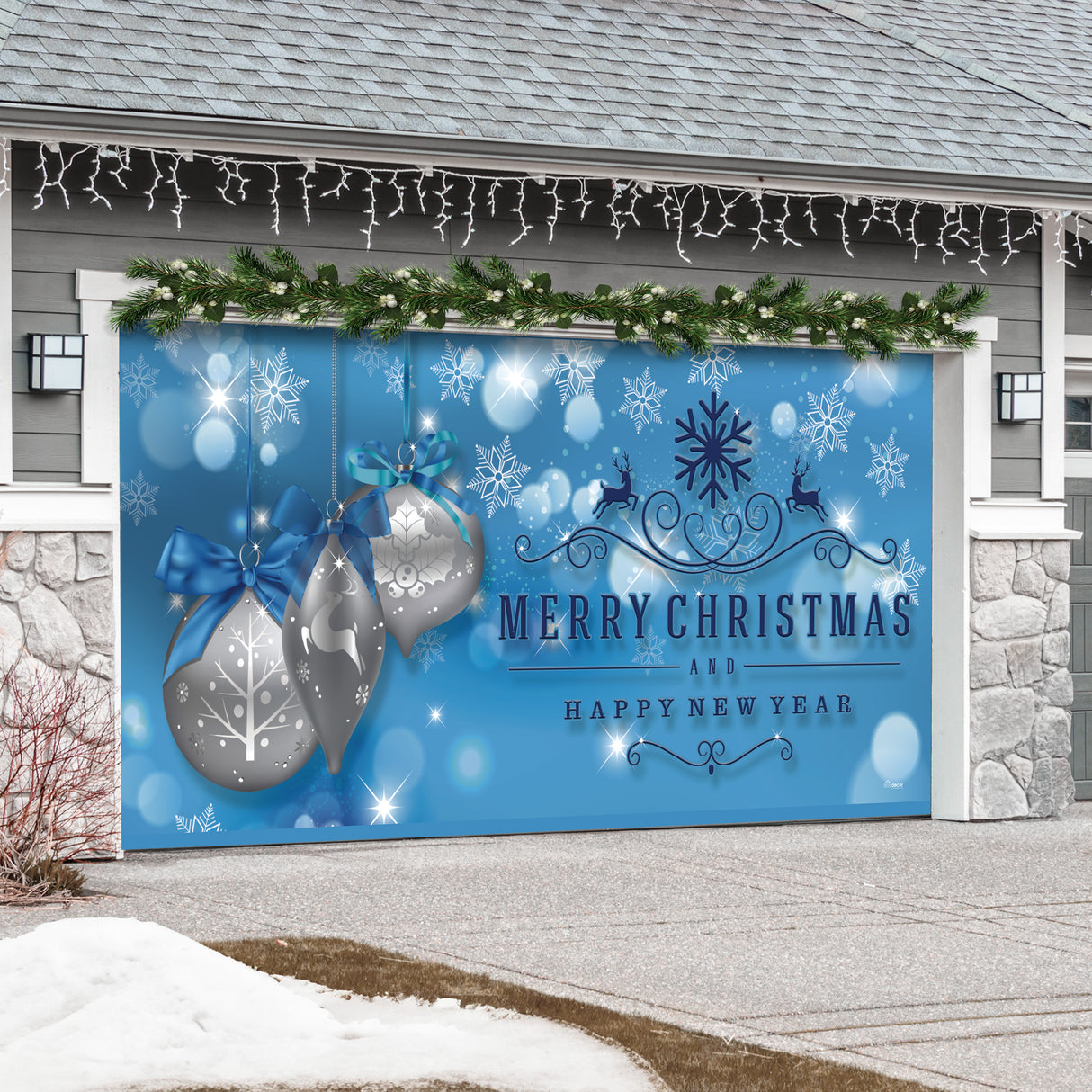 16' x 7' Luxurious Silver Ornaments Christmas Double Garage Door Banner - Elegant Holiday Décor