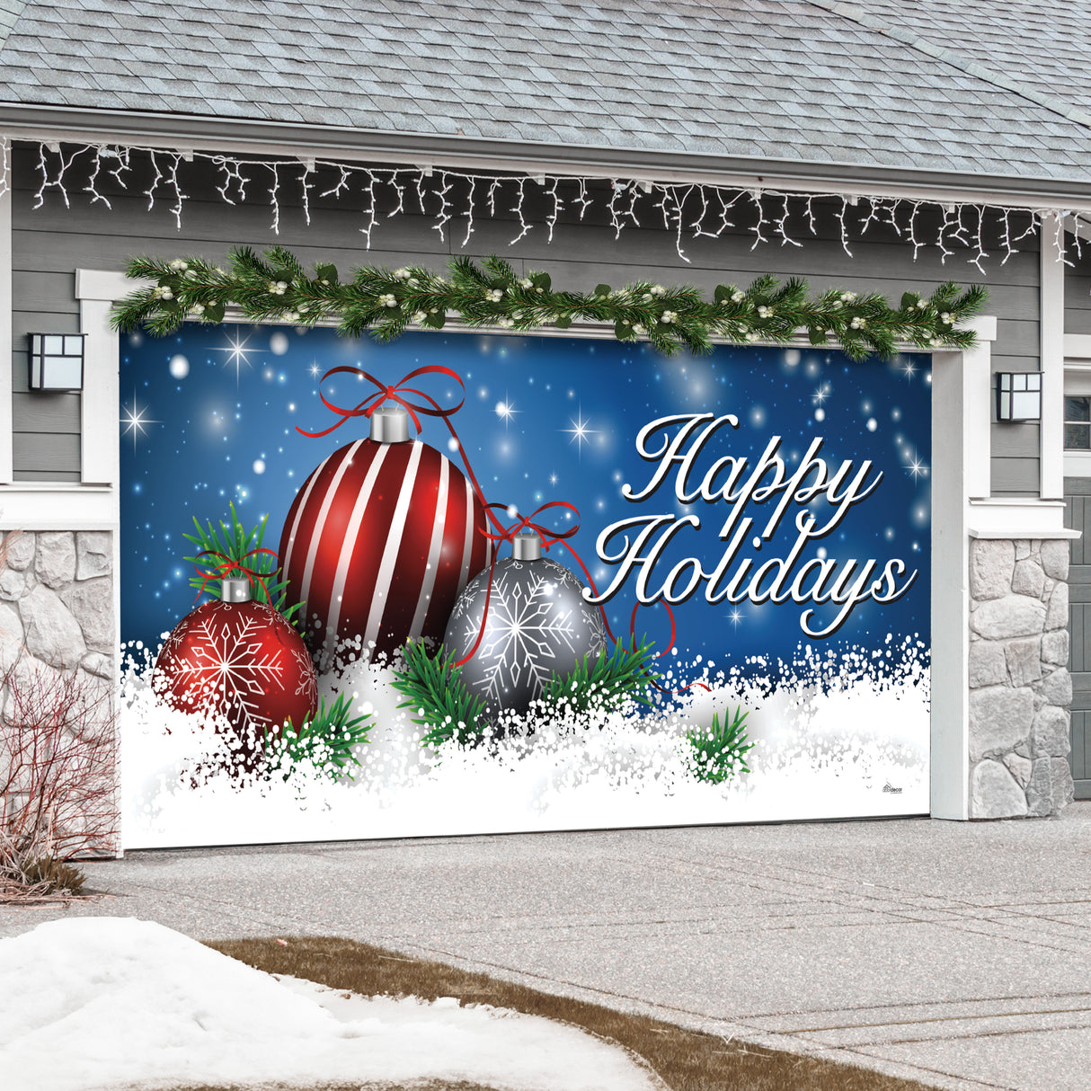 16' x 7' Enchanting Ornaments in the Snow Christmas Double Garage Door Banner - Magical Holiday Décor