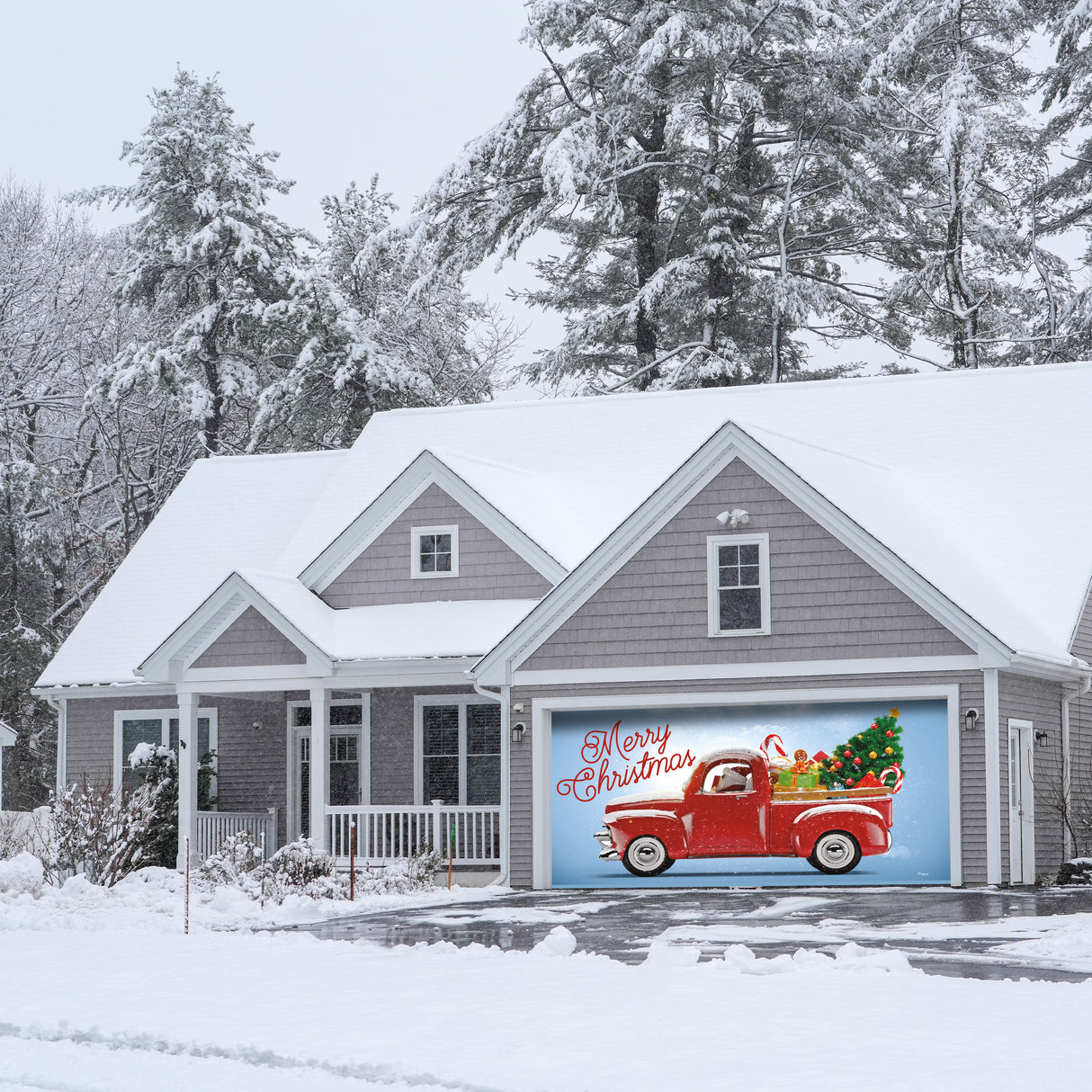 16' x 7' Red Truck Christmas Tree Double Garage Door Banner - Classic Holiday Cheer Décor