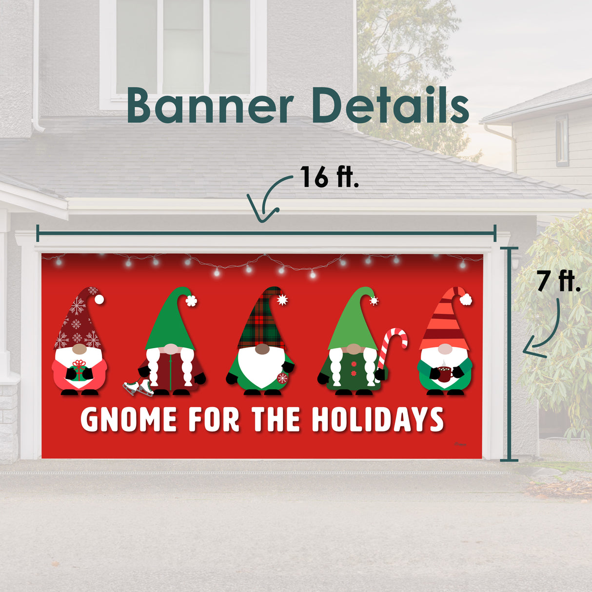 16' x 7' Gnome Christmas Double Garage Door Banner - Festive Outdoor Décor