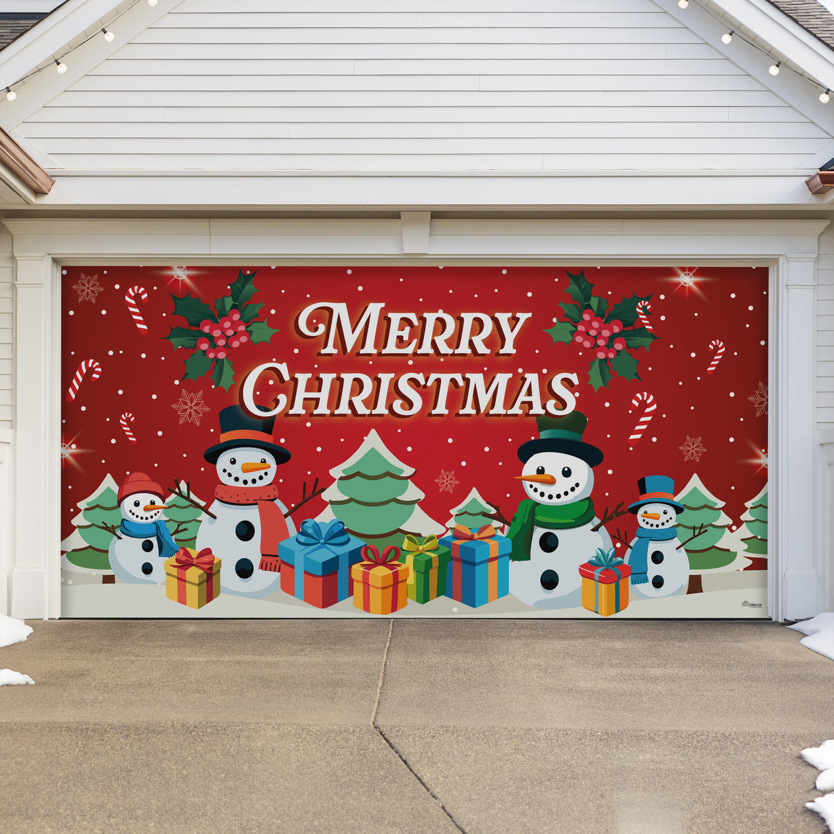 16' x 7' Red Snowman and Trees Garage Door Banner - Christmas Holiday Outdoor Decorations
