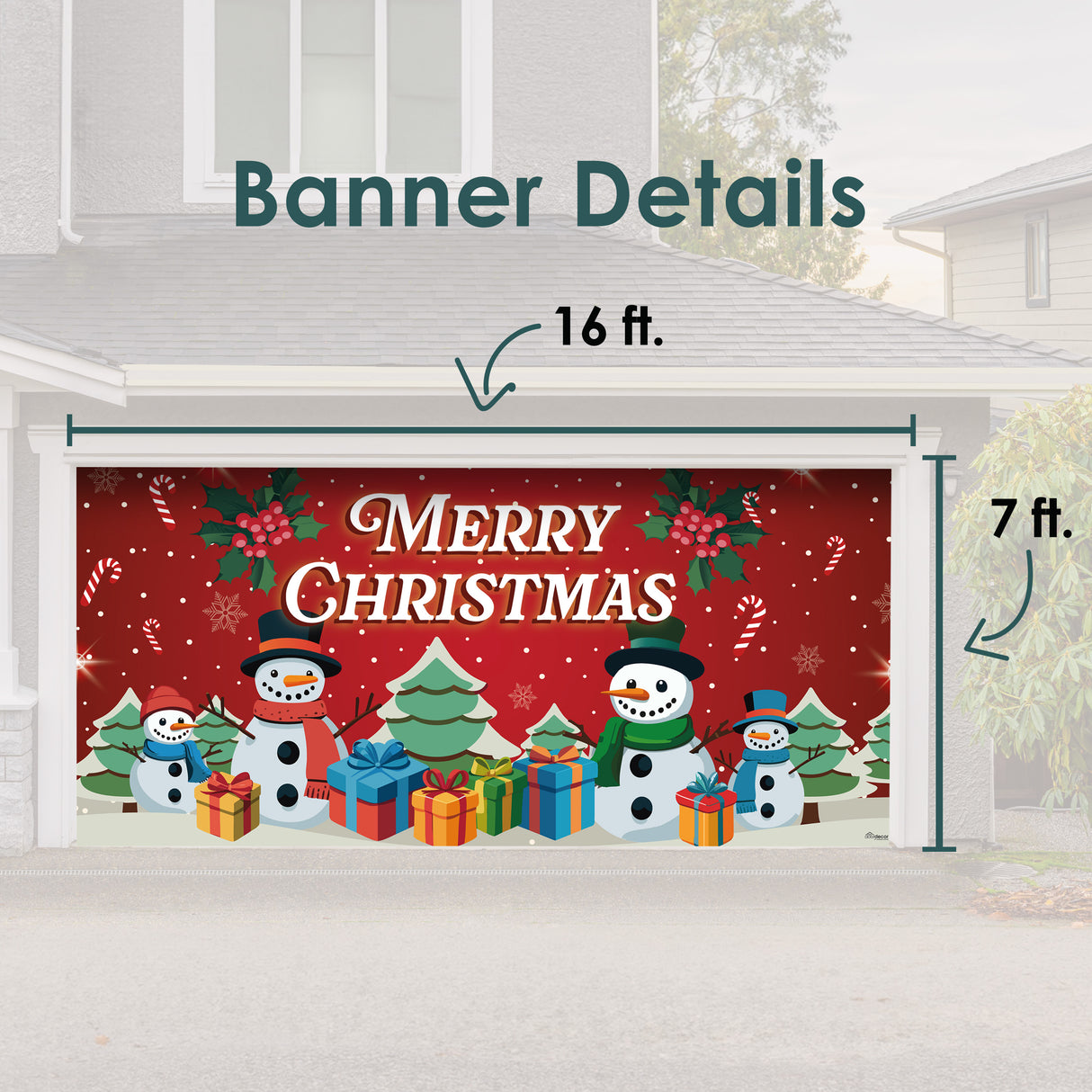 16' x 7' Red Snowman and Trees Garage Door Banner - Christmas Holiday Outdoor Decorations