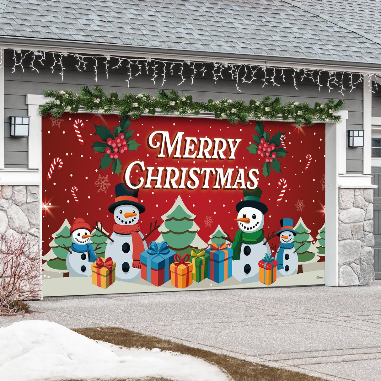 16' x 7' Red Snowman and Trees Garage Door Banner - Christmas Holiday Outdoor Decorations