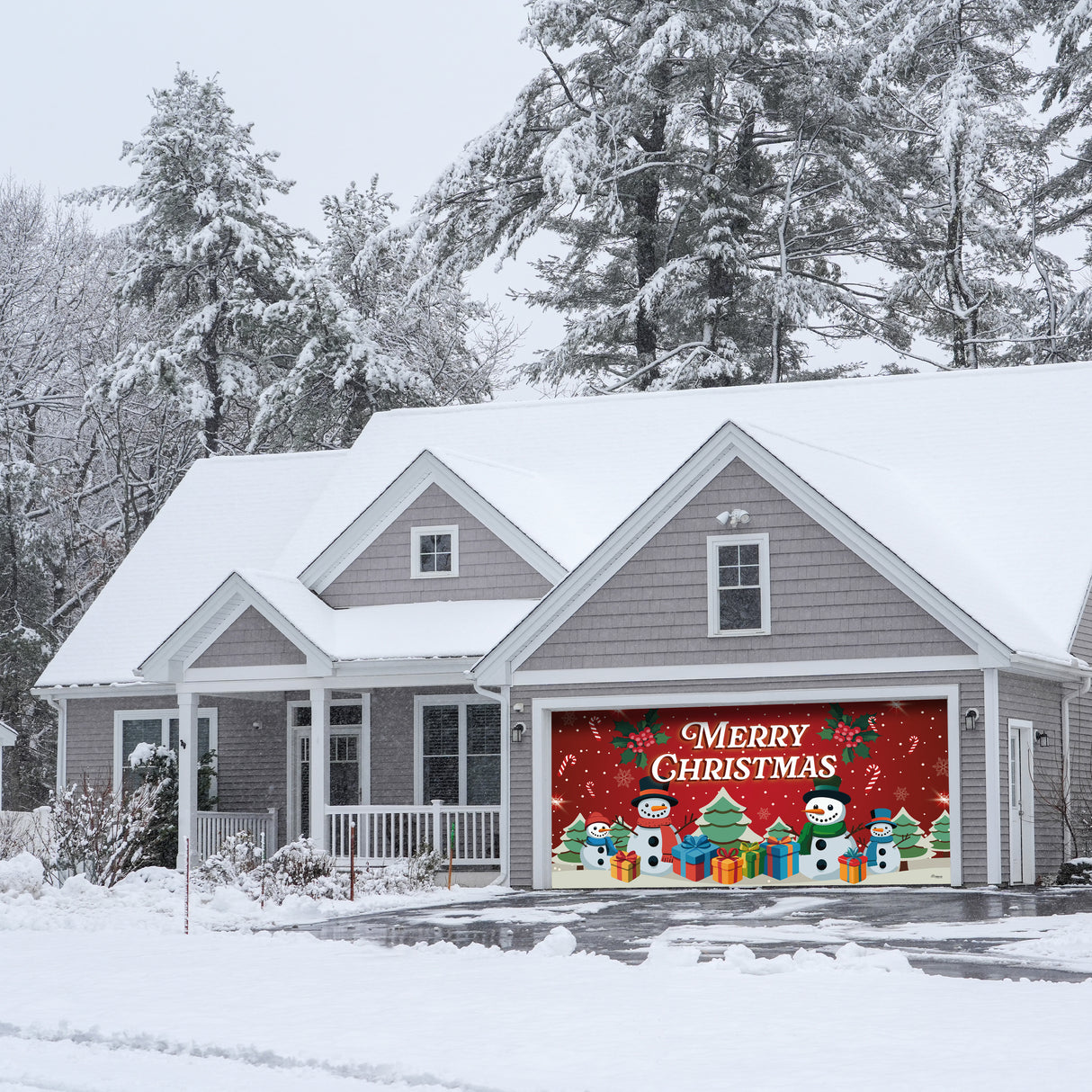 16' x 7' Red Snowman and Trees Garage Door Banner - Christmas Holiday Outdoor Decorations