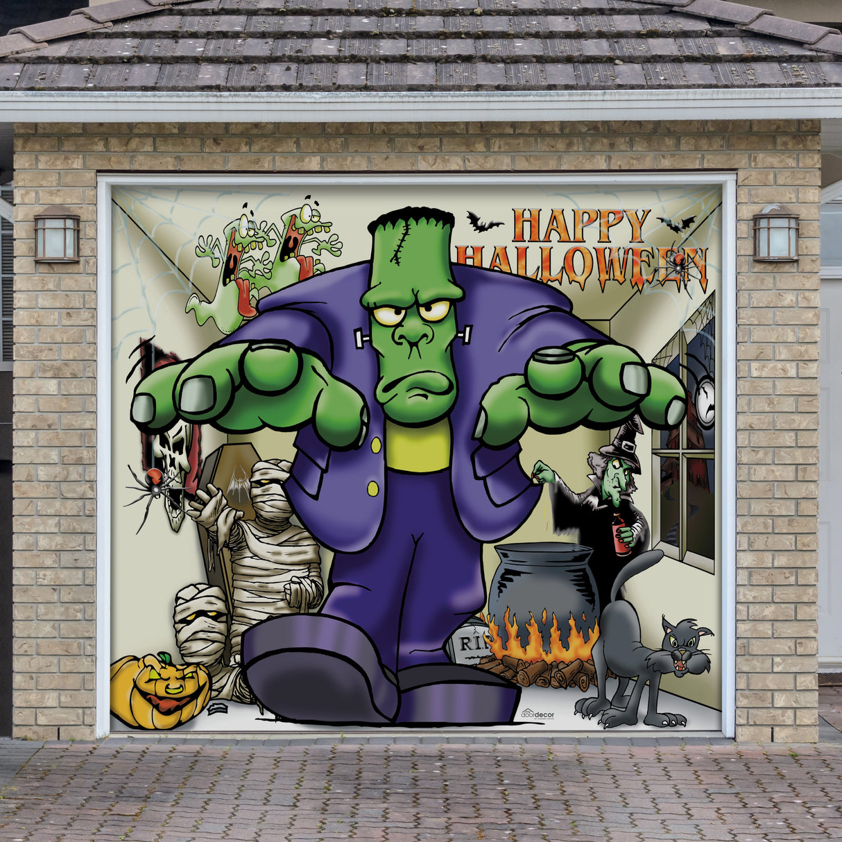 8' x 7' Frankenstein Halloween Garage Door Banner - Spooky Outdoor Décor