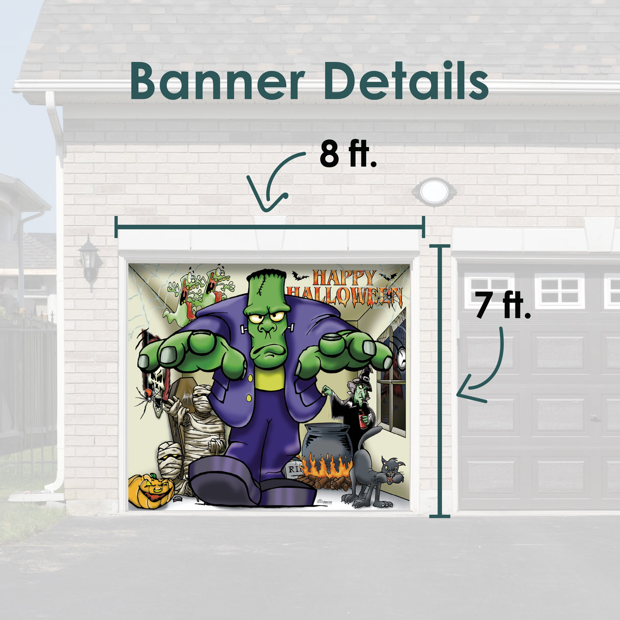 8' x 7' Frankenstein Halloween Garage Door Banner - Spooky Outdoor Décor
