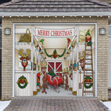 8' x 7' Cozy Reindeer Barn Christmas Garage Door Banner - Warm Festive Outdoor Décor