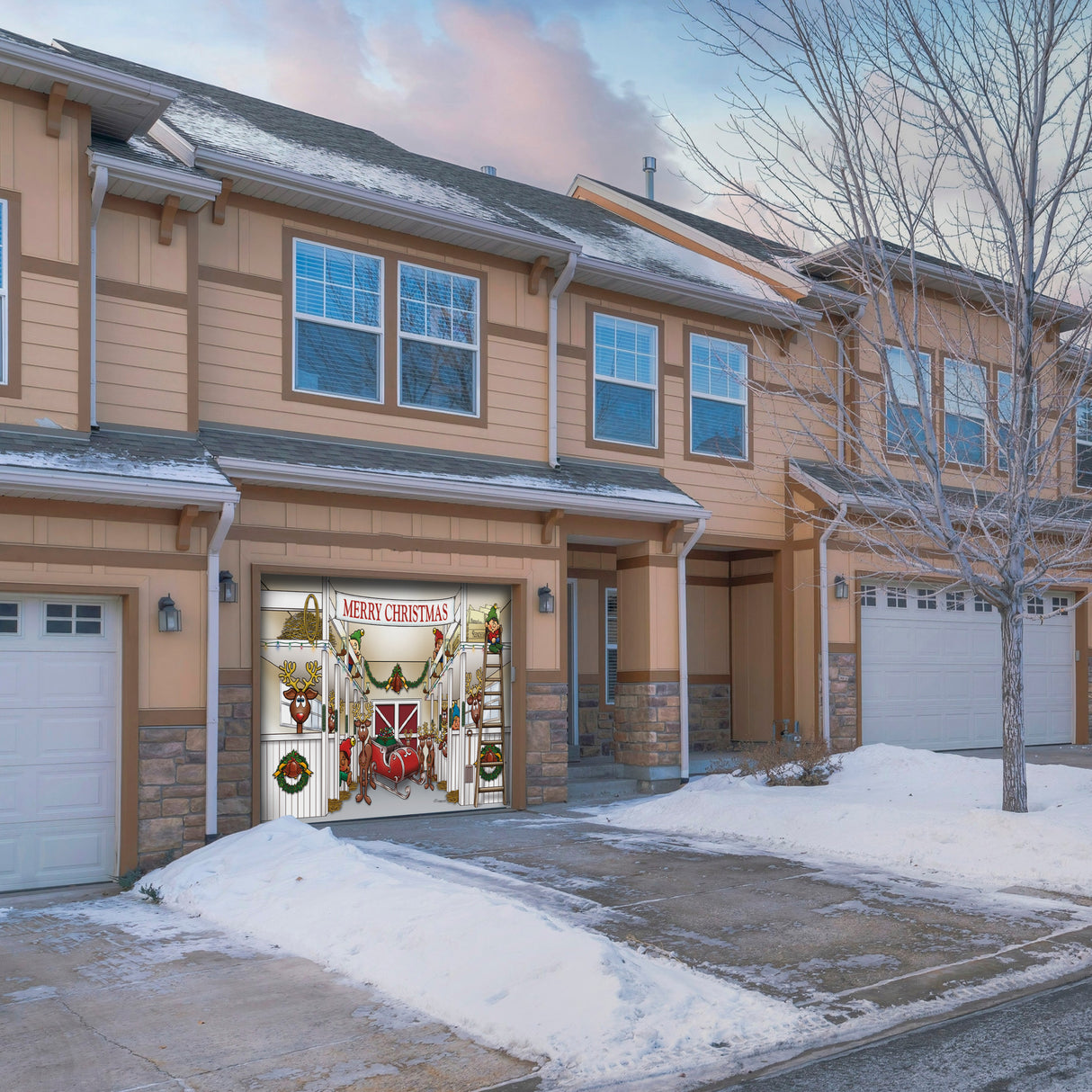 8' x 7' Cozy Reindeer Barn Christmas Garage Door Banner - Warm Festive Outdoor Décor
