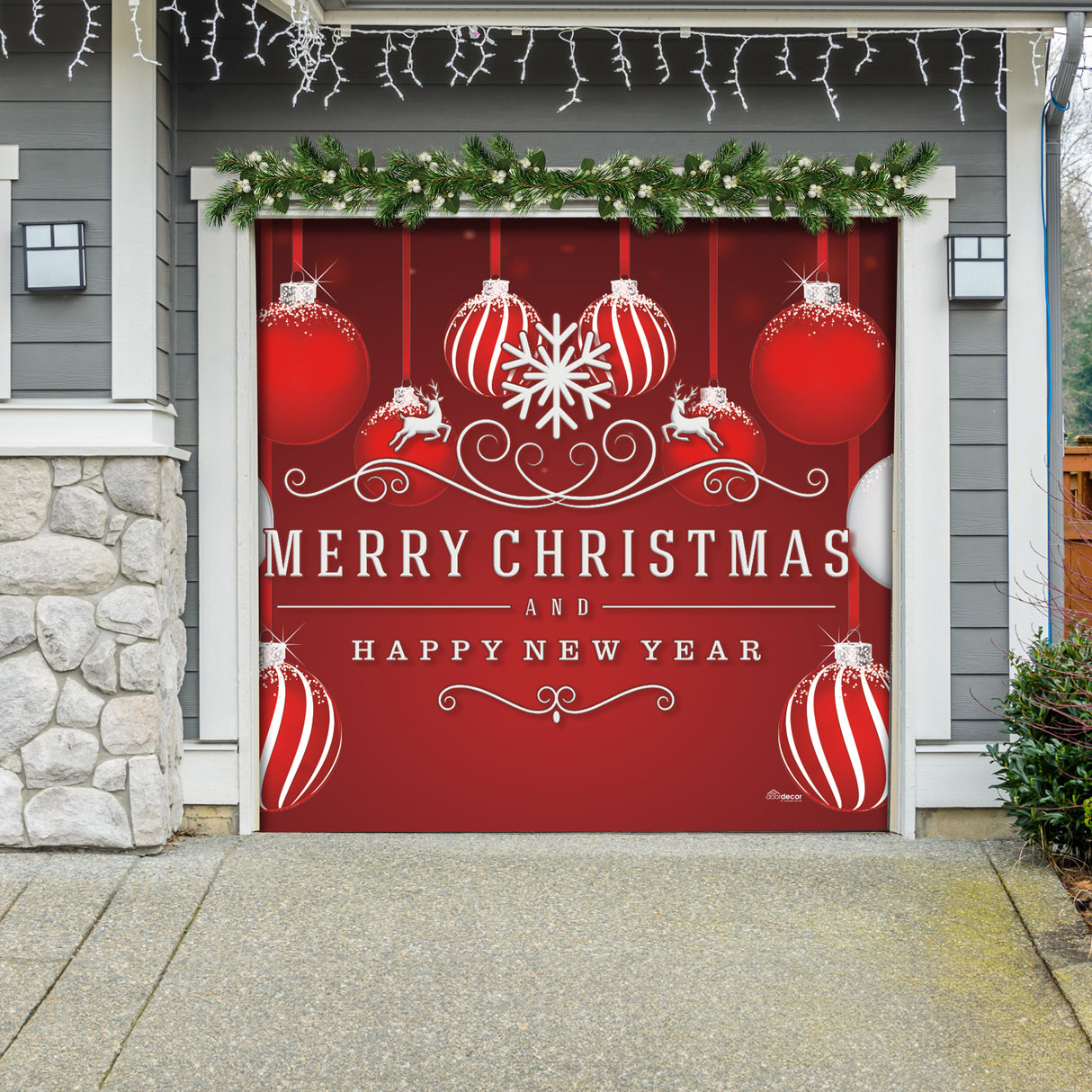 8' x 7' Timeless Red and White Ornaments Christmas Garage Door Banner - Elegant Holiday Décor