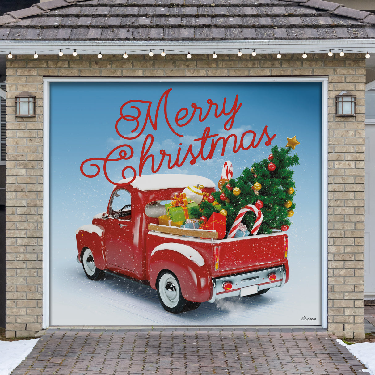 8' x 7' Red Truck Christmas Tree Garage Door Banner - Classic Holiday Cheer Décor