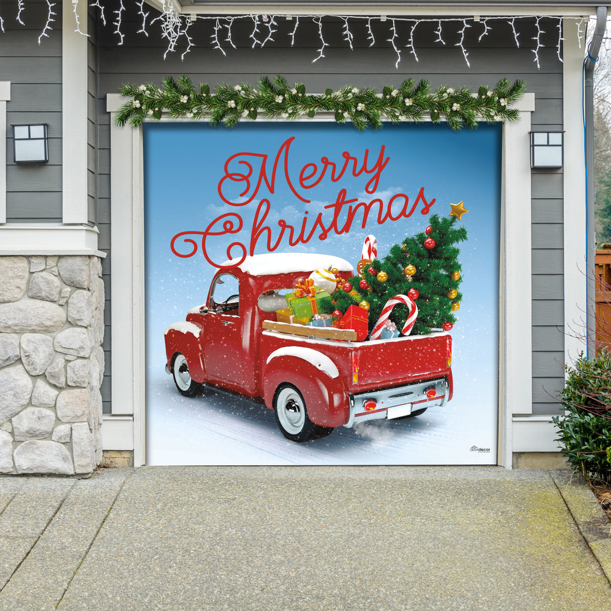 8' x 7' Red Truck Christmas Tree Garage Door Banner - Classic Holiday Cheer Décor
