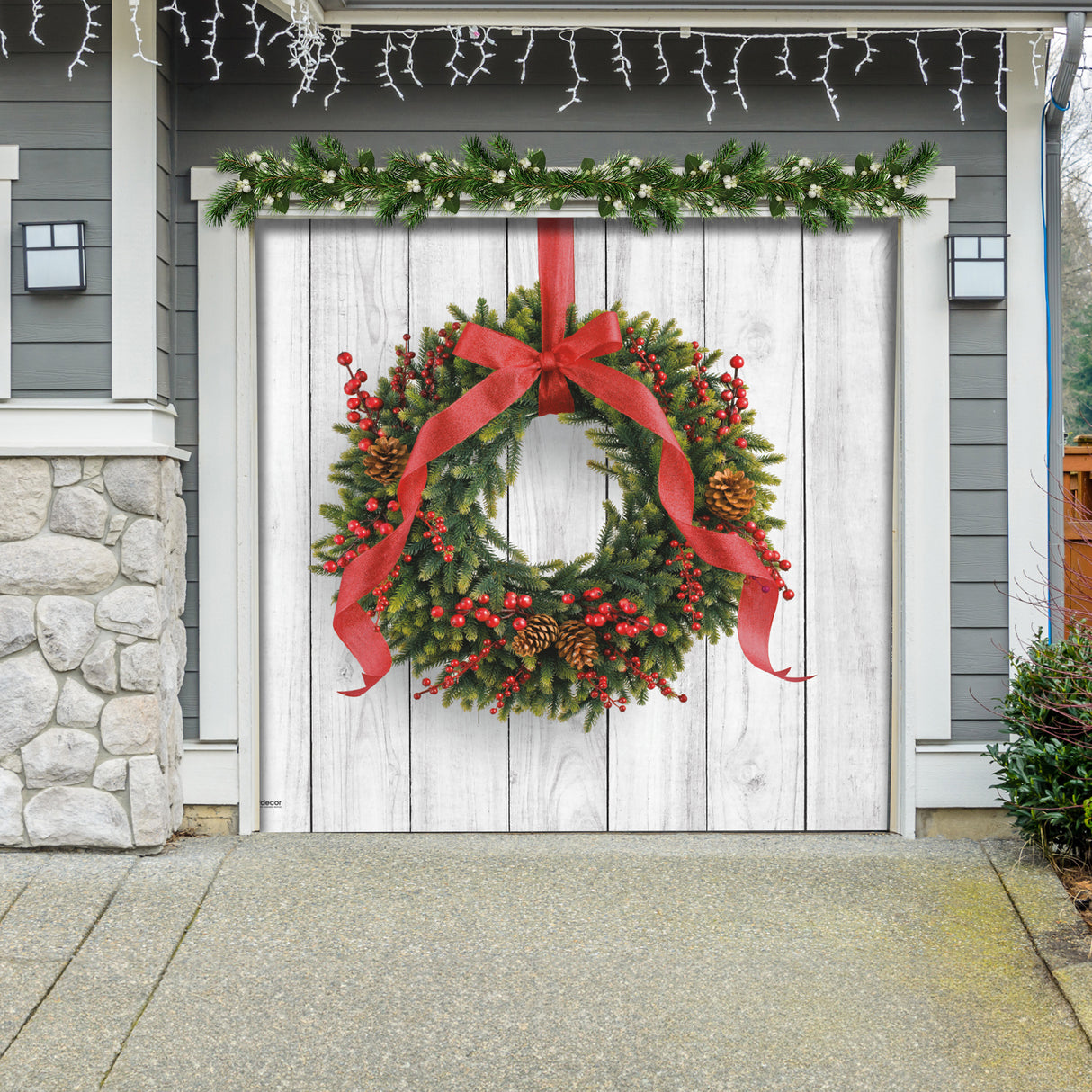 8' x 7' Charming Christmas Wreath Garage Door Banner - Heartwarming Holiday Outdoor Décor