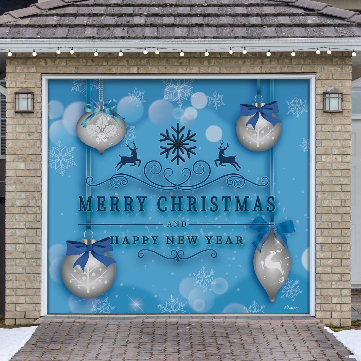 8' x 7' Silver Ornaments on Blue Garage Door Banner - Christmas Holiday Outdoor Decorations