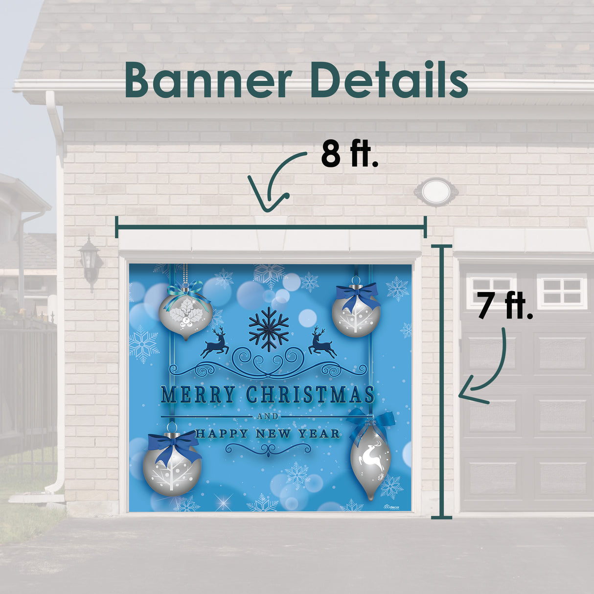 8' x 7' Silver Ornaments on Blue Garage Door Banner - Christmas Holiday Outdoor Decorations