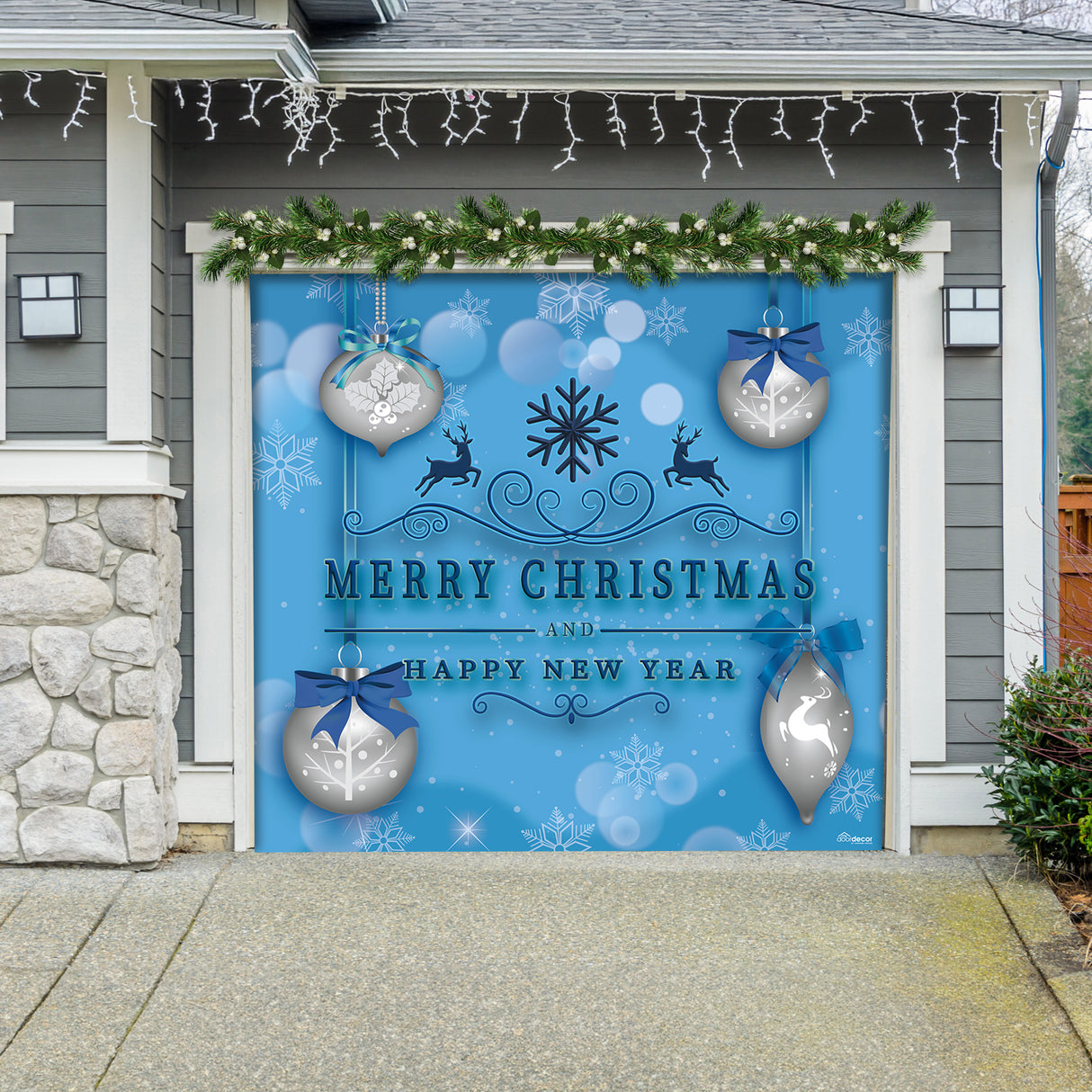 8' x 7' Silver Ornaments on Blue Garage Door Banner - Christmas Holiday Outdoor Decorations