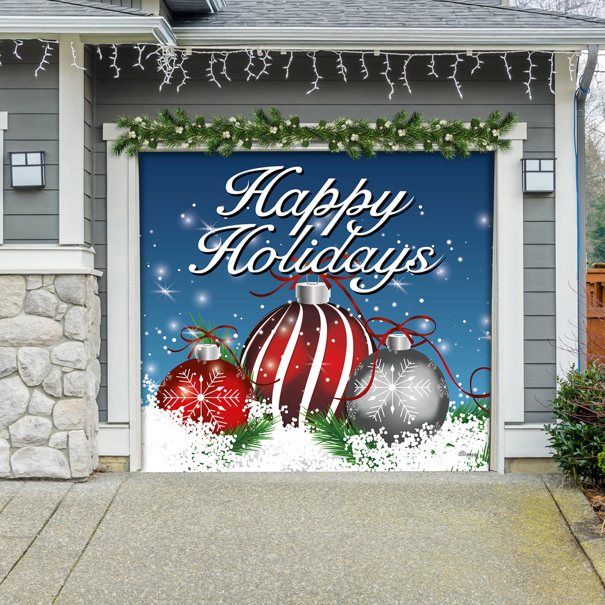 8' x 7' Ornaments in Snow Garage Door Banner - Christmas Holiday Outdoor Decorations