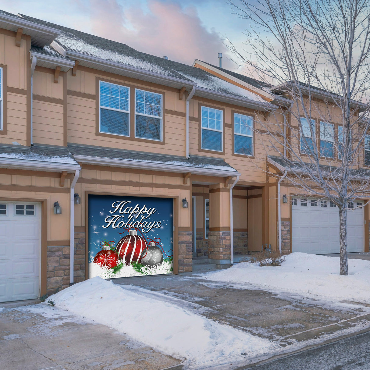 8' x 7' Ornaments in Snow Garage Door Banner - Christmas Holiday Outdoor Decorations