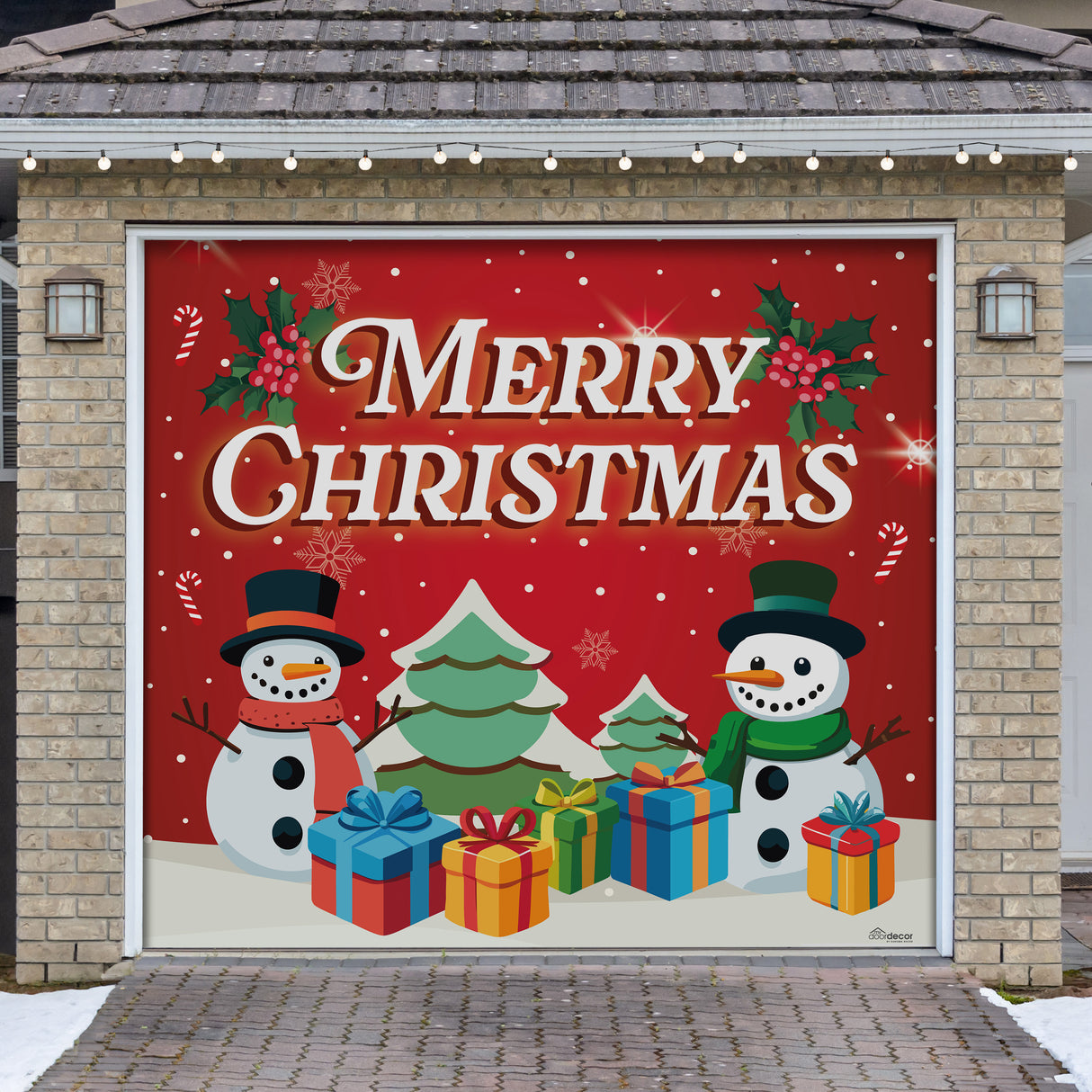 8' x 7' Red Snowman and Trees Garage Door Banner - Christmas Holiday Outdoor Decorations