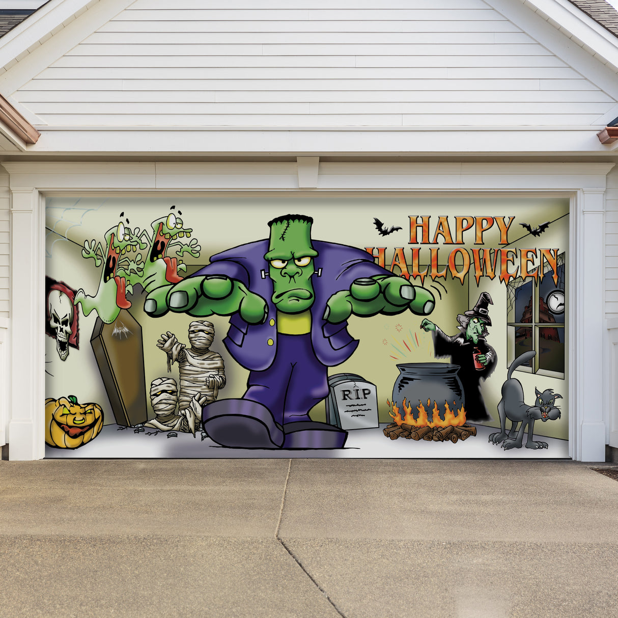 16' x 7' Frankenstein Halloween Garage Door Banner - Spooky Outdoor Décor