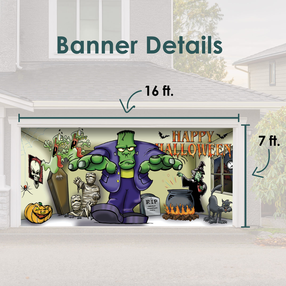 16' x 7' Frankenstein Halloween Garage Door Banner - Spooky Outdoor Décor