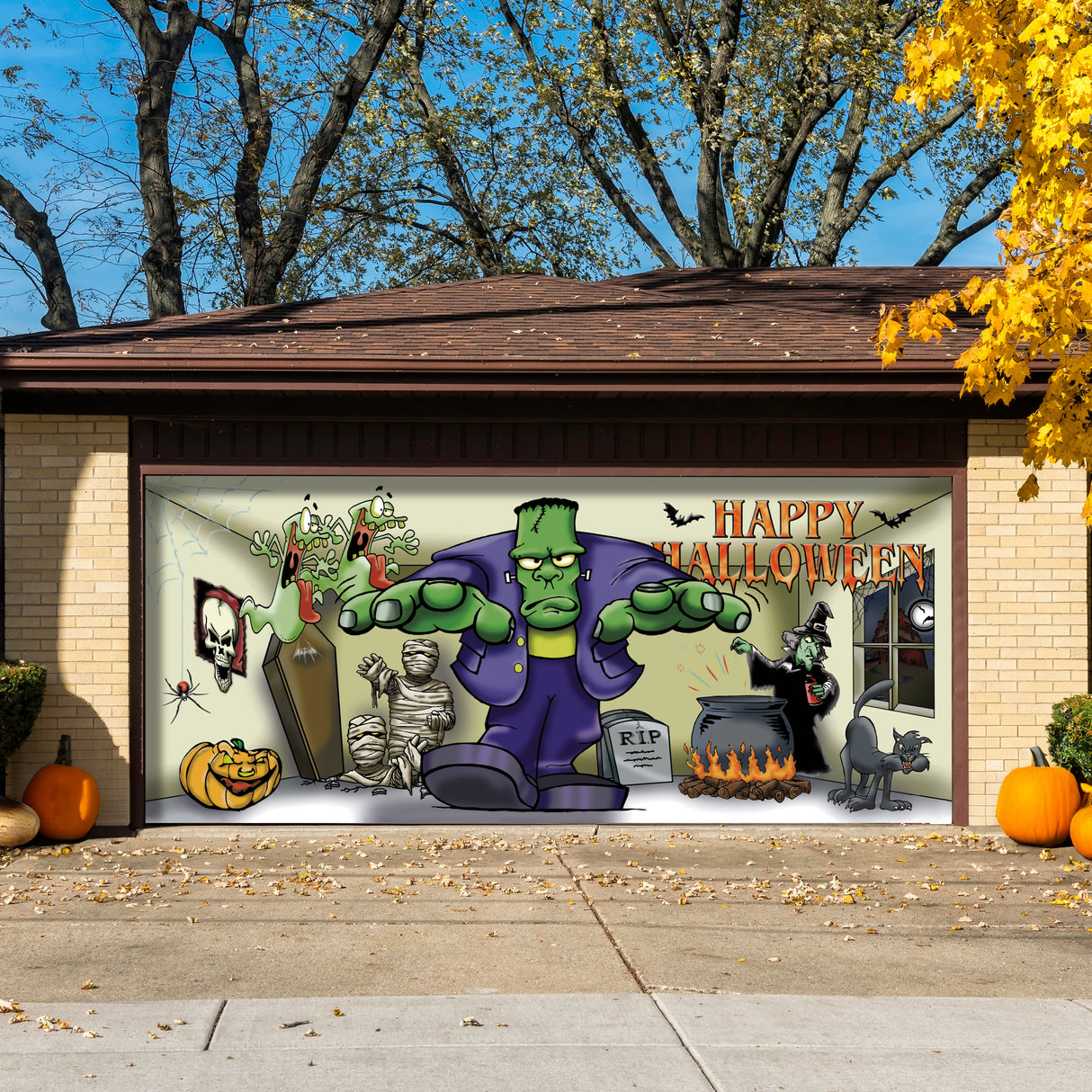 16' x 7' Frankenstein Halloween Garage Door Banner - Spooky Outdoor Décor