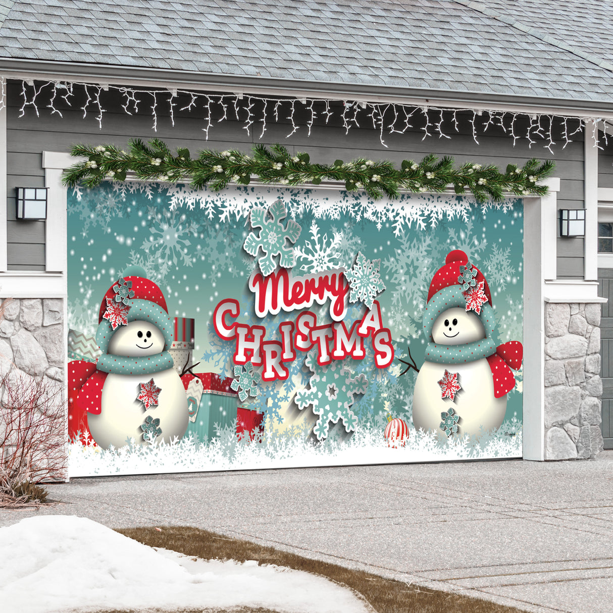16' x 7' Joyful Snowman Christmas Double Garage Door Banner - Festive Holiday Outdoor Décor