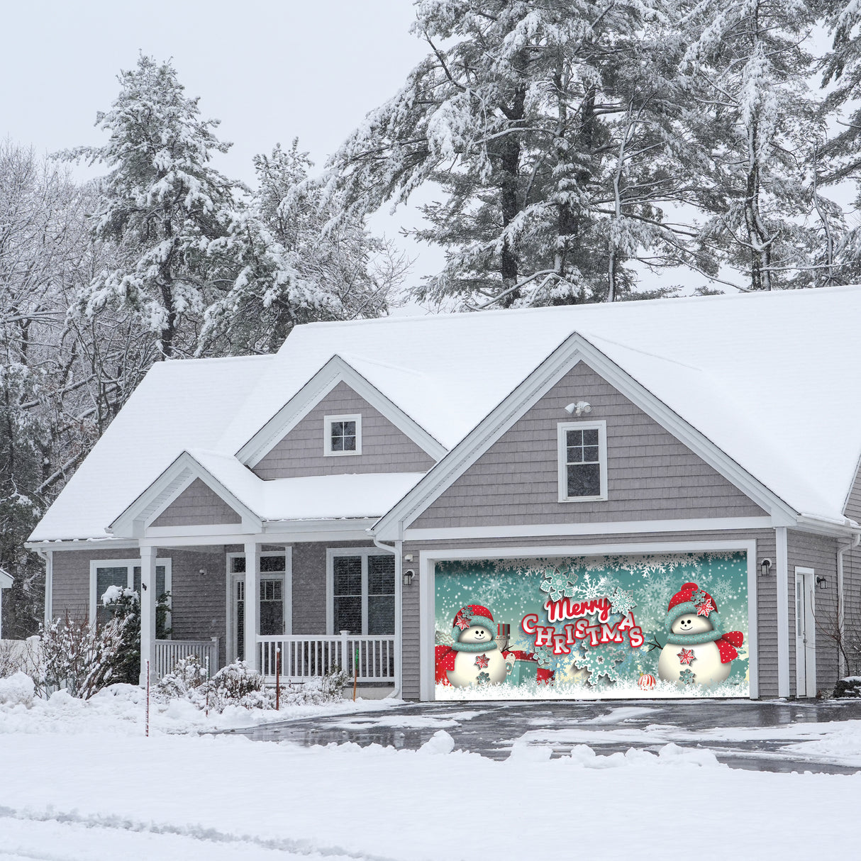 16' x 7' Joyful Snowman Christmas Double Garage Door Banner - Festive Holiday Outdoor Décor