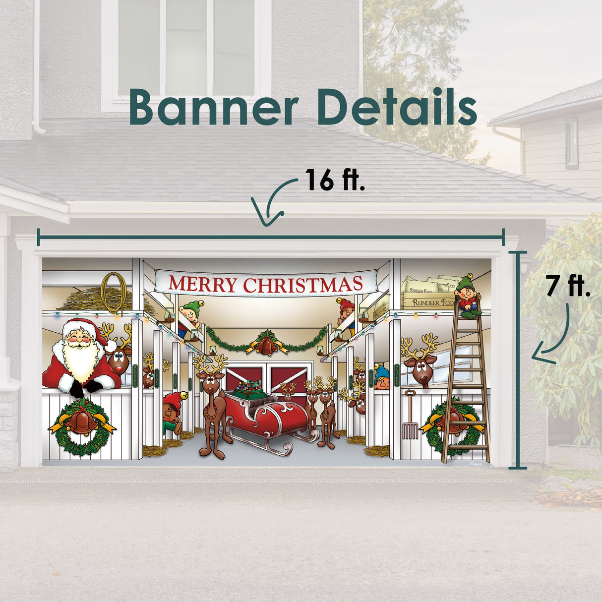 16' x 7' Heartwarming Santa’s Reindeer Barn Double Garage Door Banner - Festive Holiday Déco