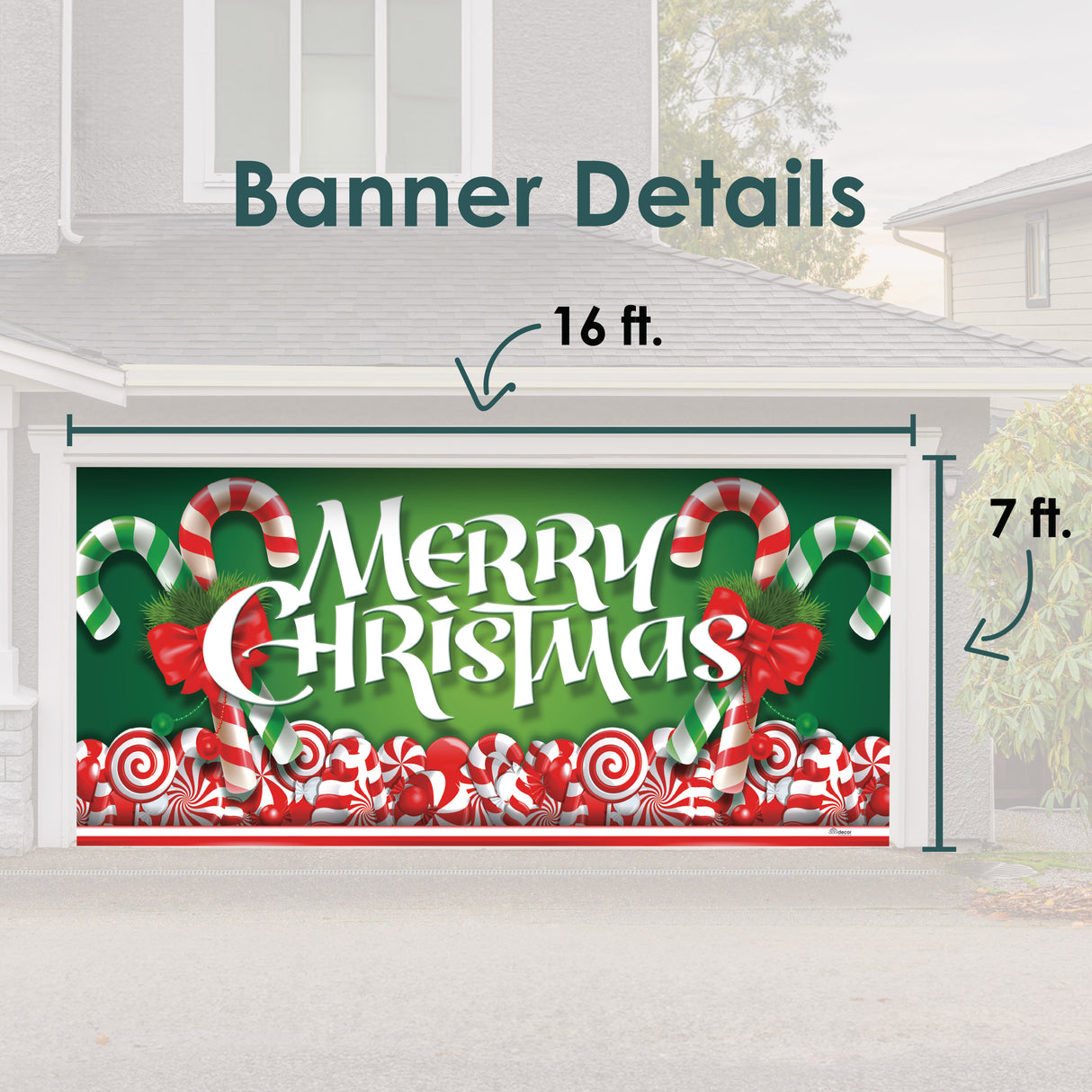 16' x 7' Whimsical Candy Cane Christmas Double Garage Door Banner - Playful Holiday Cheer Décor