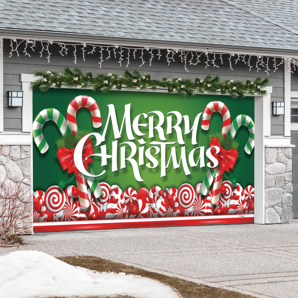 16' x 7' Whimsical Candy Cane Christmas Double Garage Door Banner - Playful Holiday Cheer Décor