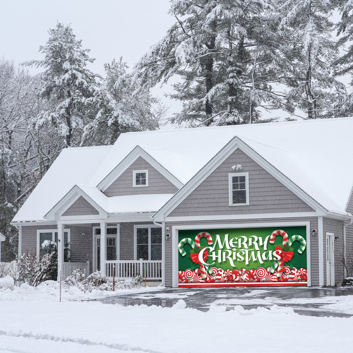16' x 7' Whimsical Candy Cane Christmas Double Garage Door Banner - Playful Holiday Cheer Décor