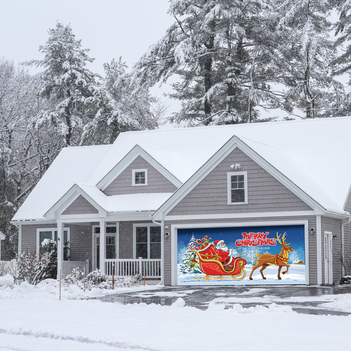 16' x 7' Magical Santa’s Sleigh Ride Double Garage Door Banner - Whimsical Holiday Décor