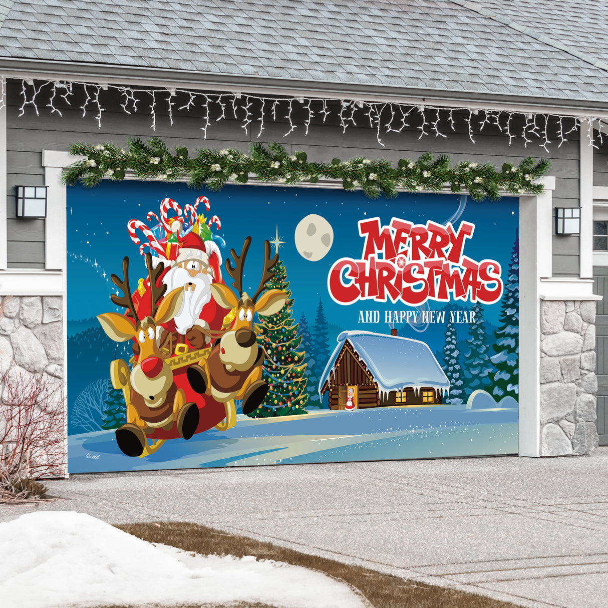 16' x 7' Santa’s Merry Takeoff Christmas Double Garage Door Banner - Magical Festive Outdoor Décor