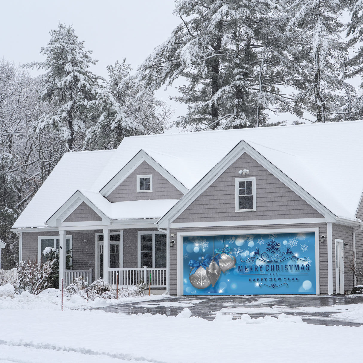 16' x 7' Luxurious Silver Ornaments Christmas Double Garage Door Banner - Elegant Holiday Décor