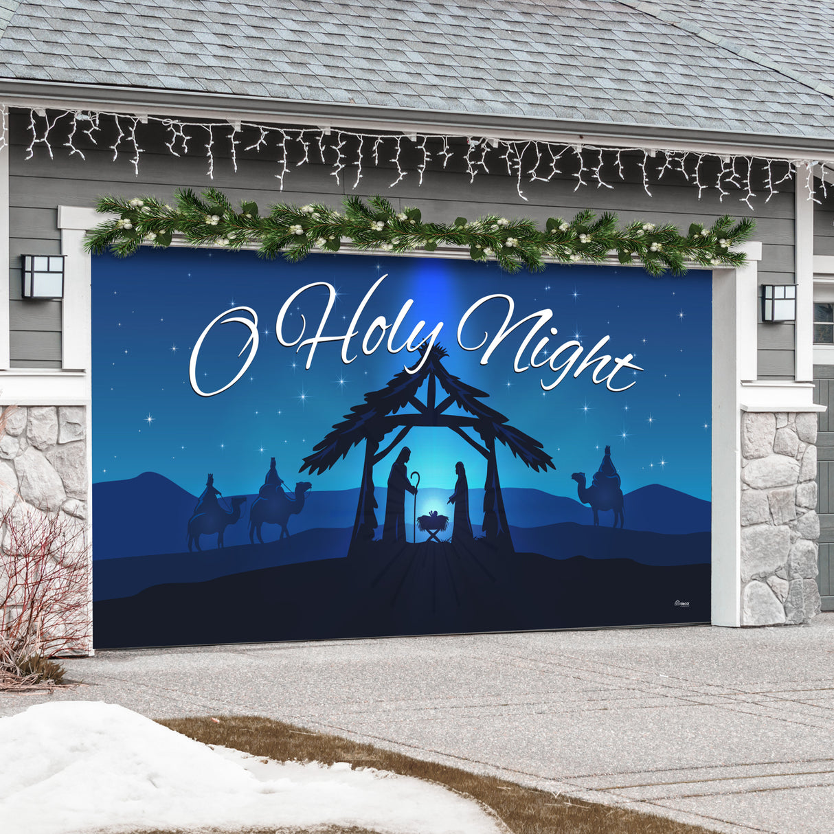 16' x 7' Peaceful O Holy Night Nativity Double Garage Door Banner - Sacred Christmas Décor