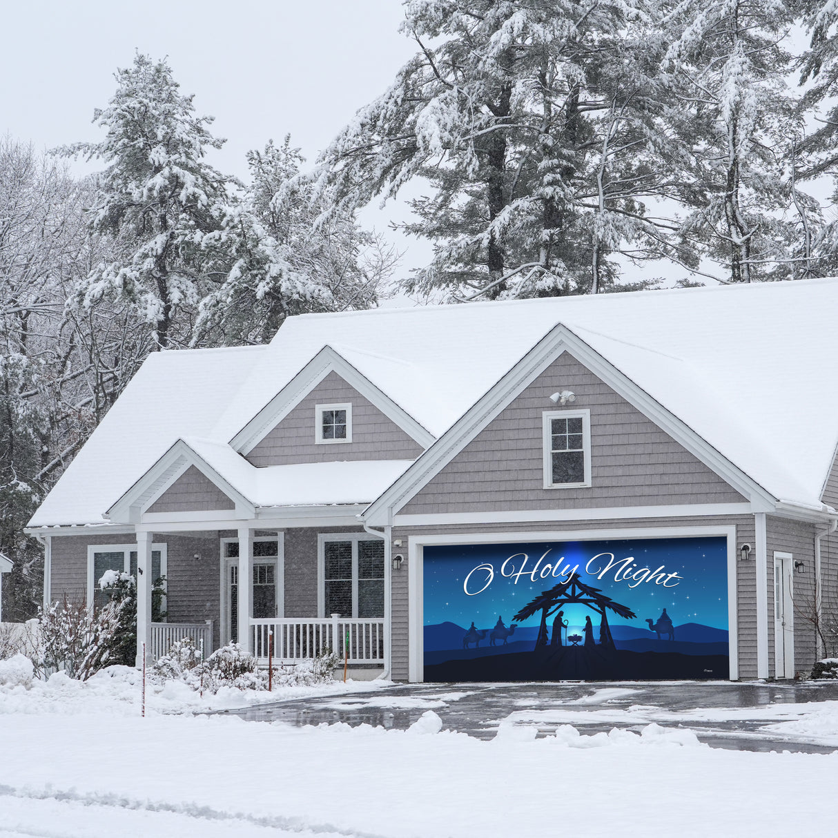 16' x 7' Peaceful O Holy Night Nativity Double Garage Door Banner - Sacred Christmas Décor