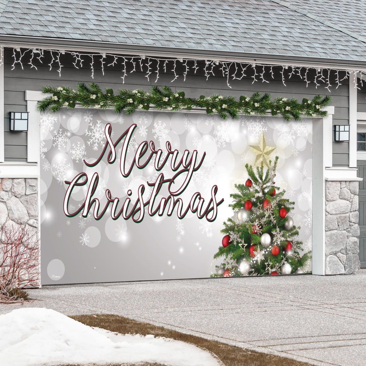 16' x 7' Joyful Merry Christmas Tree Double Garage Door Banner - Festive Holiday Cheer Décor