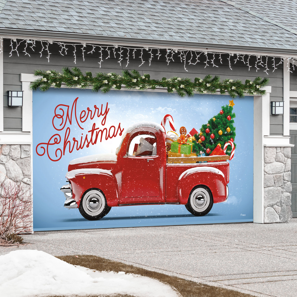 16' x 7' Red Truck Christmas Tree Double Garage Door Banner - Classic Holiday Cheer Décor