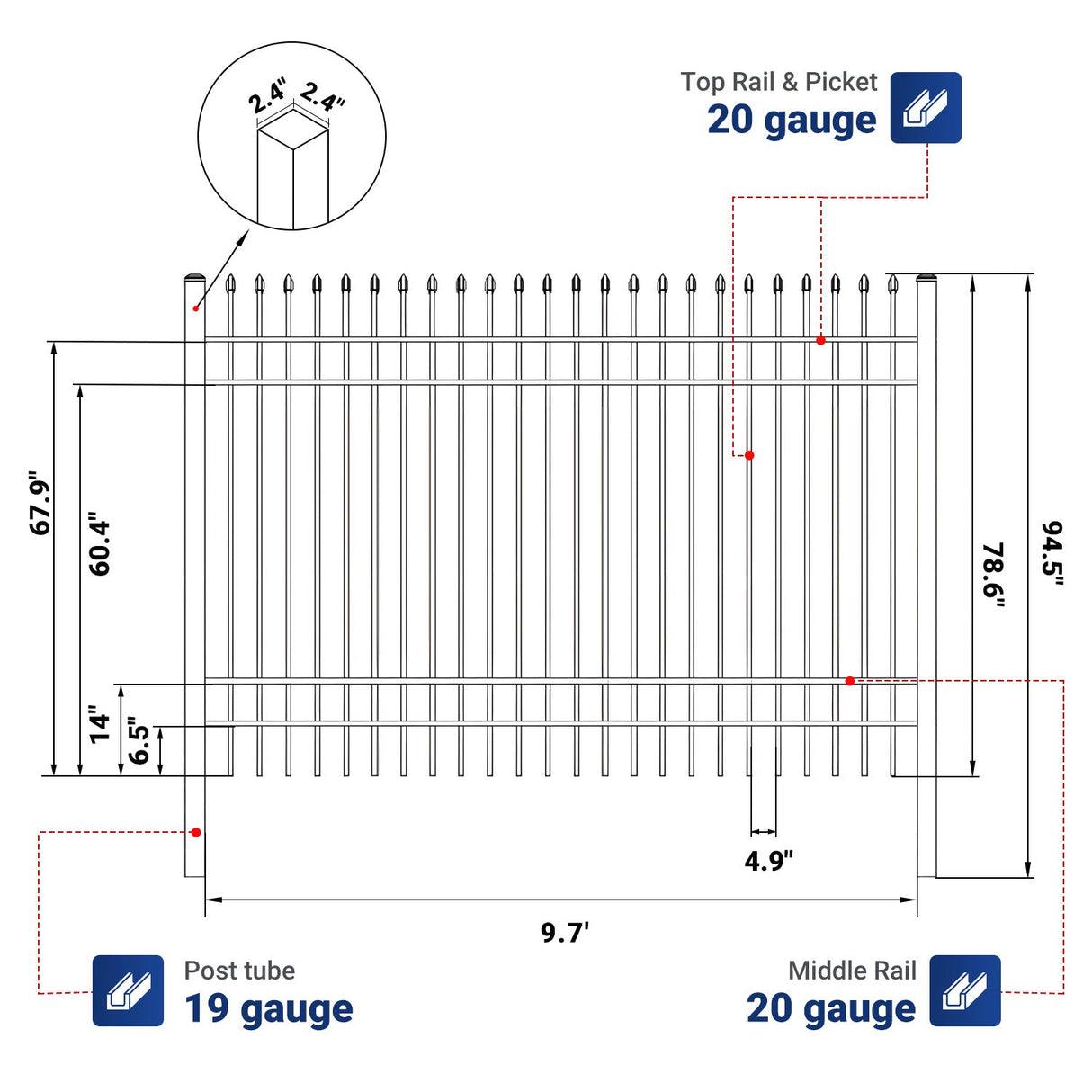10x7 ft Steel Fence with 4 Rails, 30 Panels