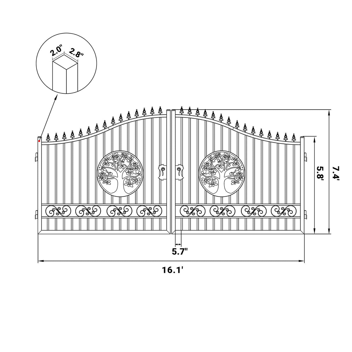 16x8 ft Steel Dual Swing Driveway Gate with Tree Pattern