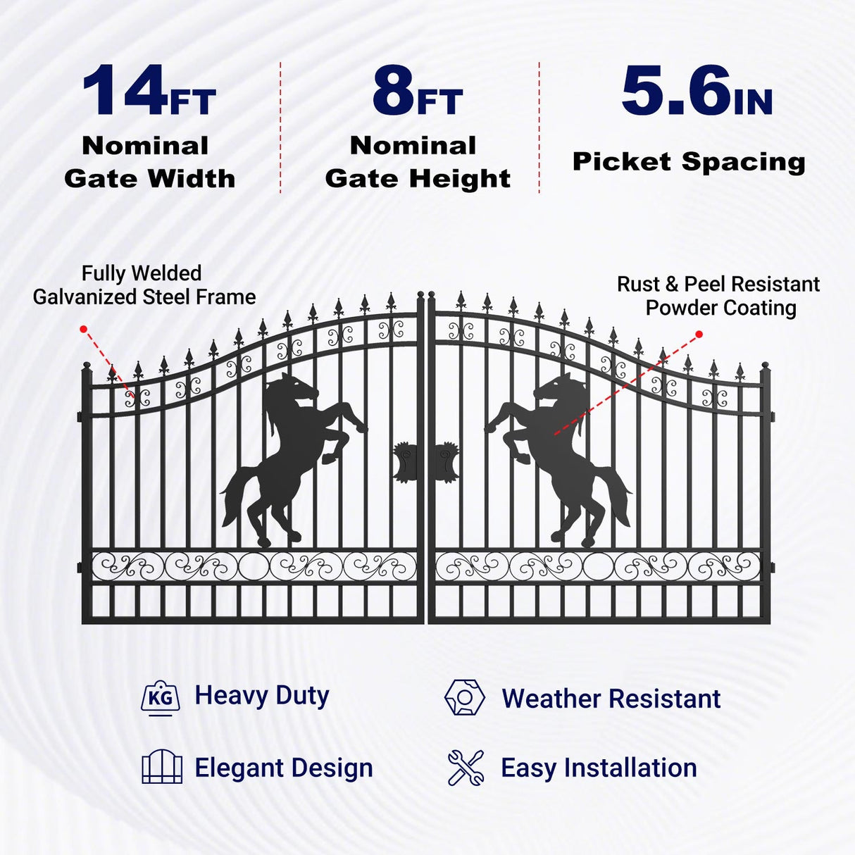 14x8 ft Steel Dual Swing Driveway Gate with Horse Pattern