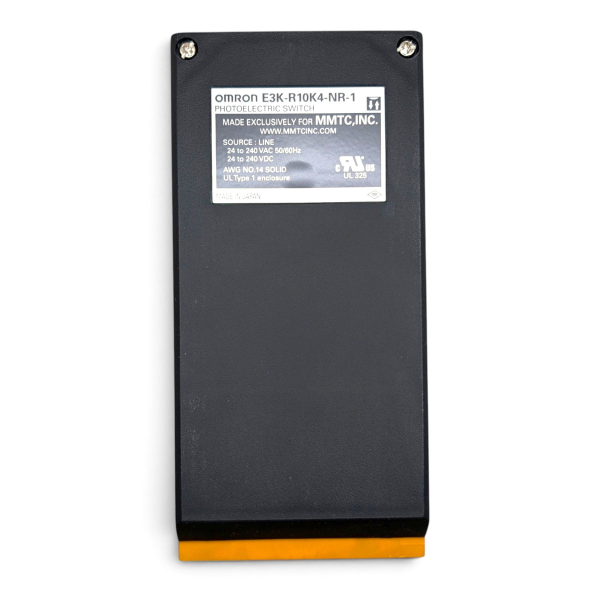 Omron E3K-R10K4-NR-1 photo eye rear label showing model number and electrical ratings